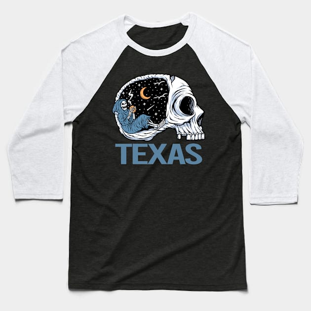 Chilling Skeleton Texas Baseball T-Shirt by flaskoverhand